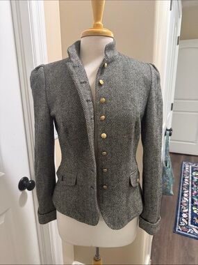 Chaps Gray Herringbone Military-Style Blazer with Gold Buttons